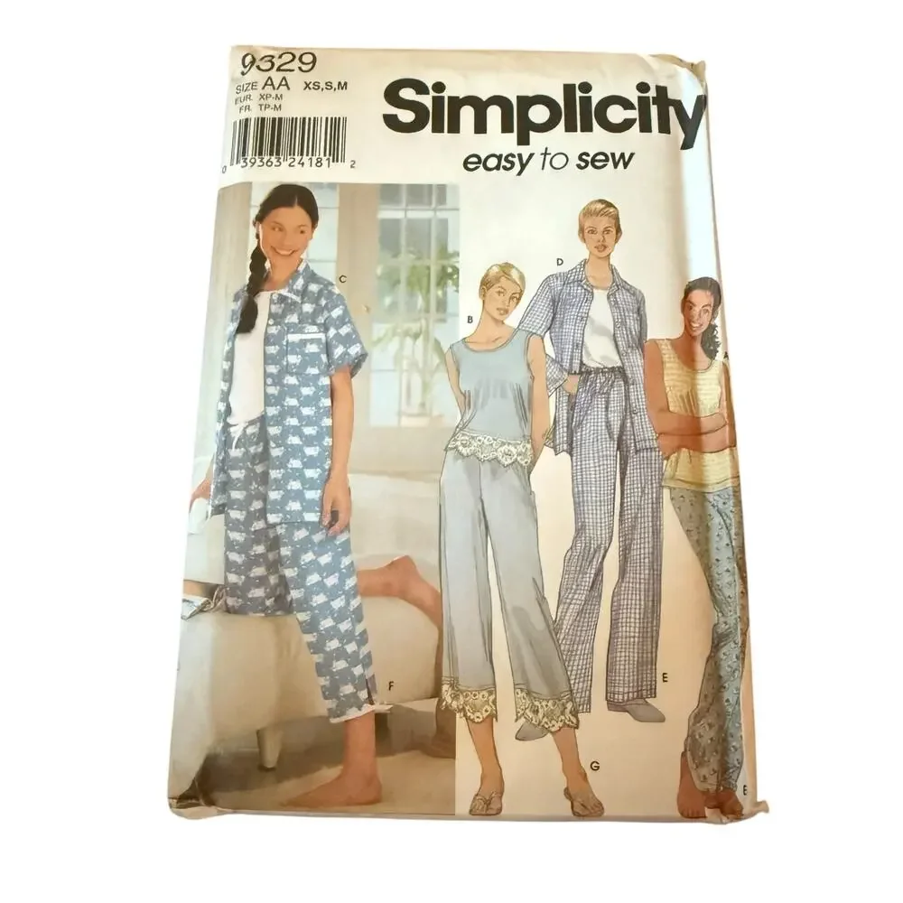 Simplicity‎ 9329 Easy to Sew Pajamas Set XS S M Tank Short or Long Sleeve Pants
